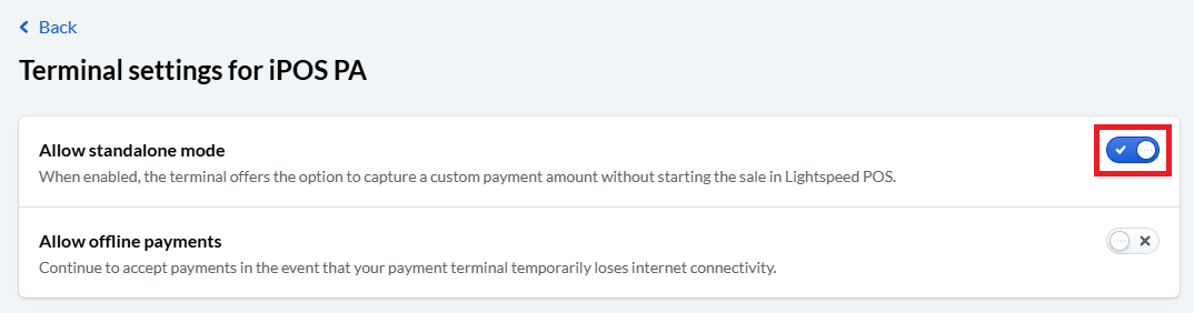 LSR - Reports - Lightspeed Payments - Transactions and Payouts - Terminals - Settings - Standalone Mode Enabled - 01-09-25.png